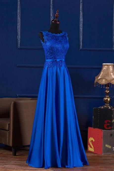 Beautiful Blue Satin and Lace Long Party Gown, Blue Prom Dress 2020
