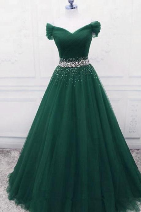Lovely Dark Green Prom Gown 2020, Off Shoulder Prom Dress