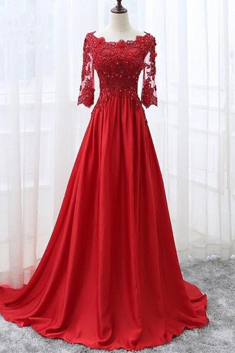 Beautiful Red Satin And Lace 1/2 Sleeves Party Gown, Red Prom Dress