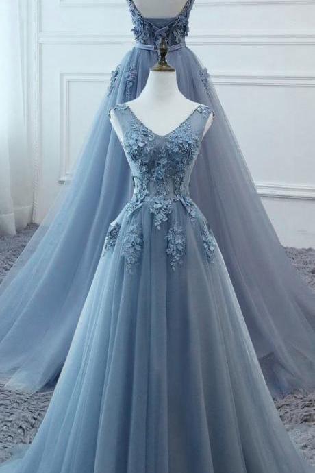 Beautiful Blue Tulle Long Party Gown, Prom Dress 2020