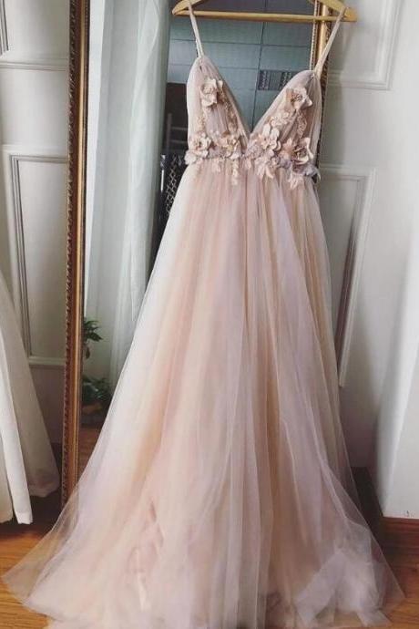 Beautiful Pink Tulle Flowers V-necline Party Gown, Pink Formal Gown
