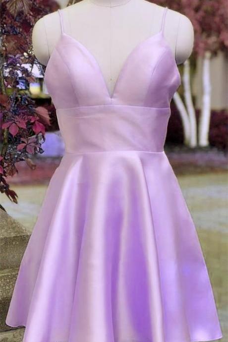 Light Purple Short Homecoming Dress, Straps Satin Prom Dress