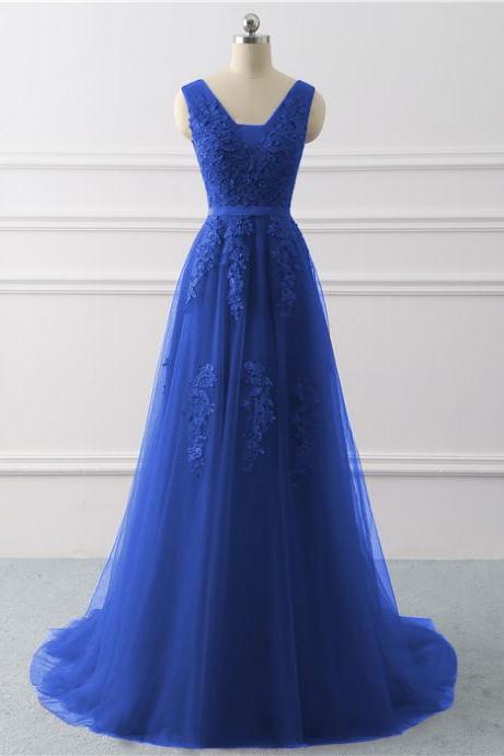 Beautiful Blue V-neckline Long Party Dress 2020, Blue Bridesmaid Dress