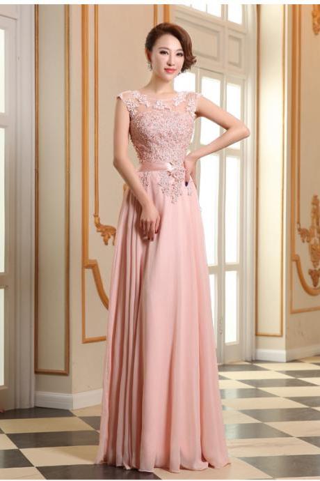 Pink Chiffon Cap Sleeves Long Bridesmaid Dress, A-line Prom Dress