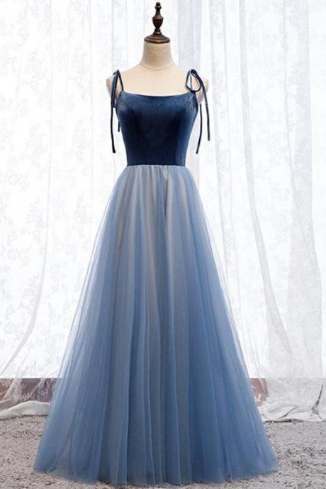 Blue Tulle with Velvet Straps Long Party Dress, Blue Prom Dress 2020