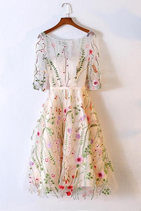 Beautiful Short Sleeves Bridesmaid Dress, Cute Floral Homecoming Dress