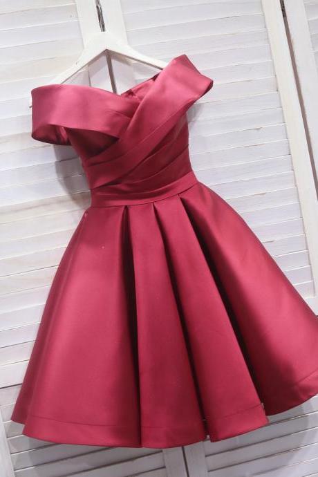 Cute Dark Red Satin Sweetheart Short Prom Dress, Red Homecoming Dress