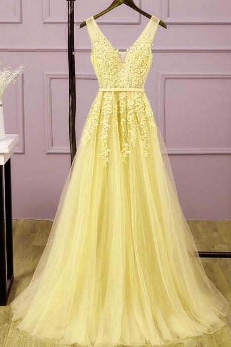 Beautiful Yellow Long Formal Gown, A-line Tulle Yellow Prom Dresses 2020