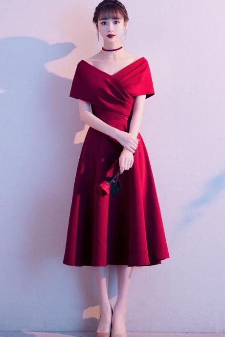 Dark Red Tea Length Bridesmaid Dress, Beautiful Wine Red Short Prom Dress