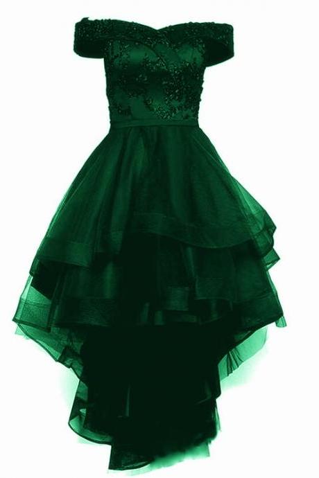 Green Tulle Cute Homecoming Dress, High Low Off Shoulder Prom Dress