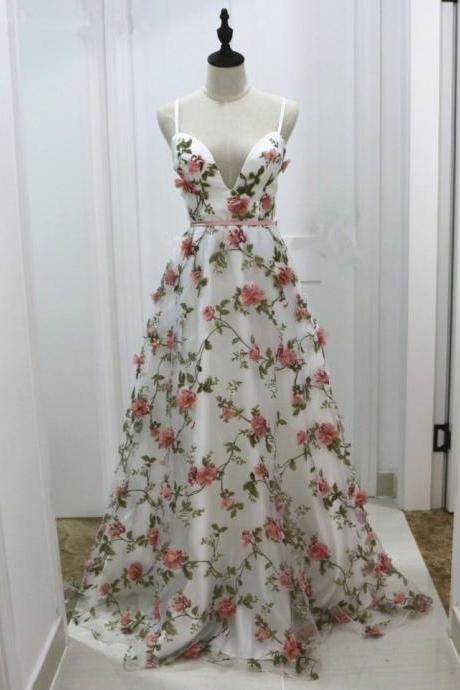 Beautiful Flower White Straps Long Evening Dress, A-line Long Prom Dress