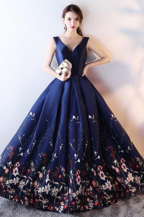 Navy Blue Floral Satin V-neckline Long Party Dress, Blue Evening Dress