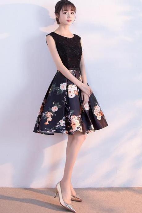 Black Floral Short Homecoming Dress, A-line Black Lace Prom Dress