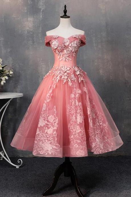 Pink Tea Length Sweetheart Off Shoulder Prom Dress, Sweet 16 Dresses