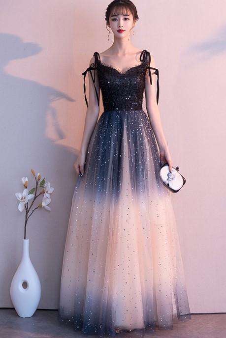 Beautiful Gradient Tulle Long Straps Wedding Party Dress, A-line Long Prom Dresses
