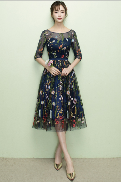 Navy Blue Tea Length Bridesmaid Dress, Floral Homecoming Dresses