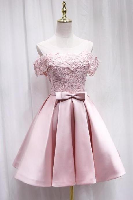 Lovely Pink Satin And Lace Party Dress, Pink Homecoming Dresses