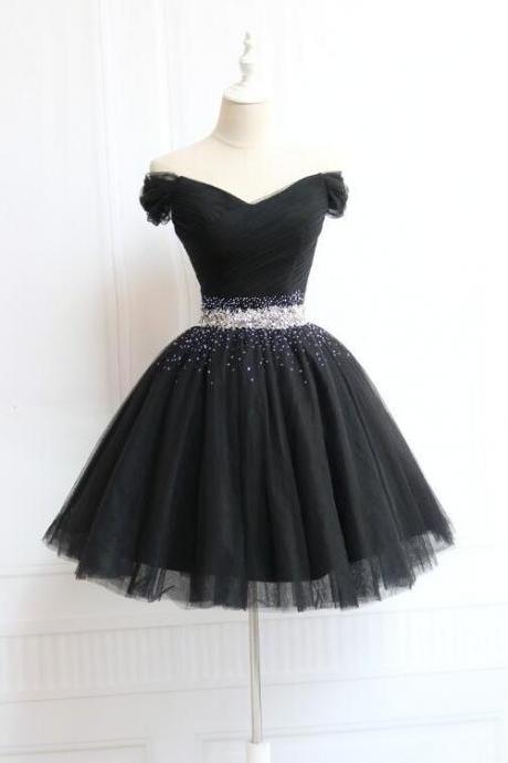 Cute Black Short Tulle Sweetheart Party Dress, Black PromD ress