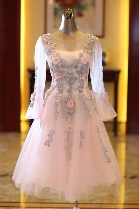 Beautiful Pink Long Sleeves Tulle Short Homecoming Dress,Pink Prom Dress
