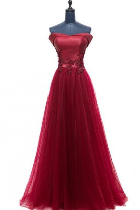 Wine Red A-line Off Shoulder Evening Gown, Tulle Prom Dress