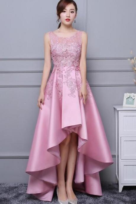 Pink Lace And Satin Party Dress, Round Neckline Homecoming Dress