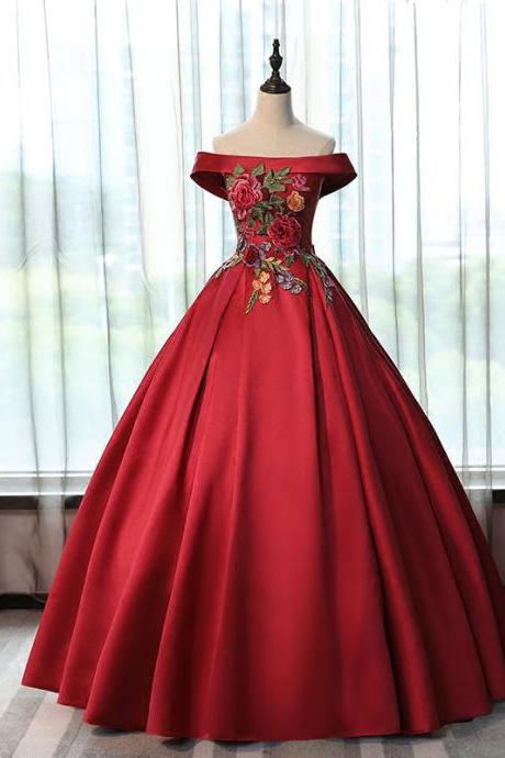 Red Satin Long Off Shoulder Party Dress, Ball Gown Long Sweet 16 Dress