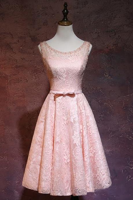 Pink Lace Short Round Neckline Bridesmiad Dress, Pink Party Dress