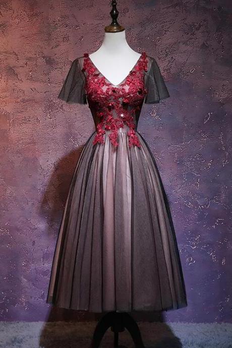 Black Tea Length V-neckline Party Dress, A-line Short Prom Dress