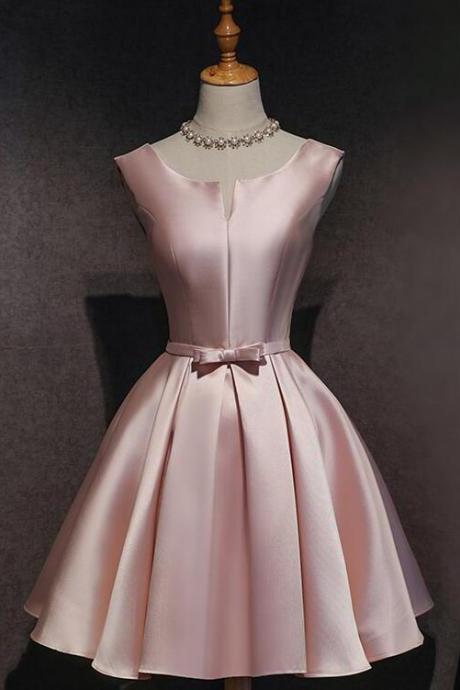 Pink Satin Cute Knee Length Party Dress, Pink Homecoming Dress Graduation Dress