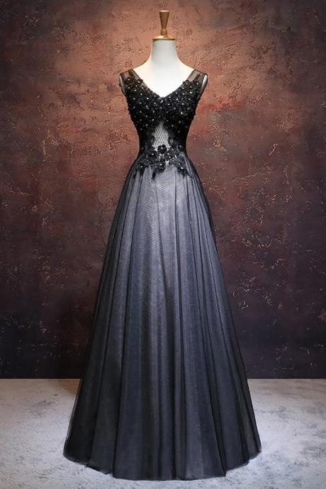 Black Tulle V-neckline Long Prom Dress, Black Party Dress