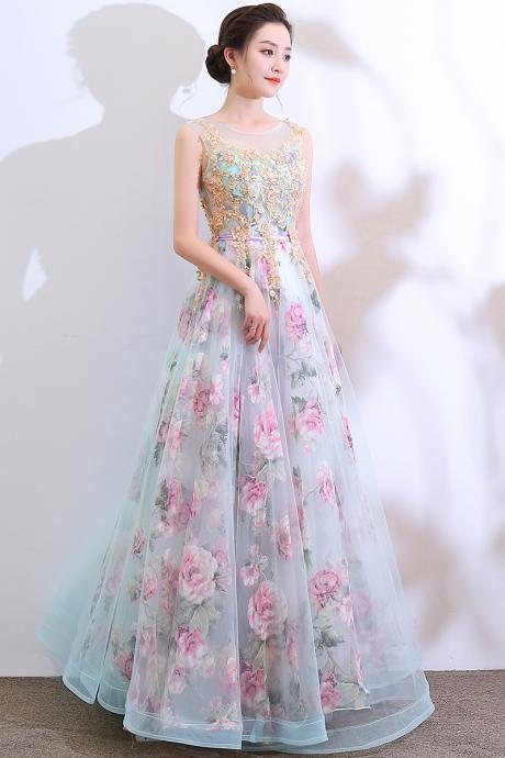 Elegant Round Neckline A-line Party Dress, Tulle and Floral Lace Long Evening Dress