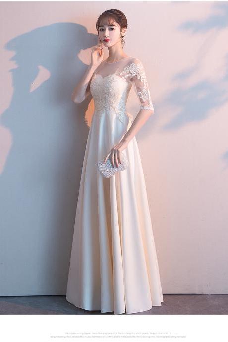 Elegant Long Ivory Short Sleeves Party Dress, Round Neckline Bridesmaid Dress