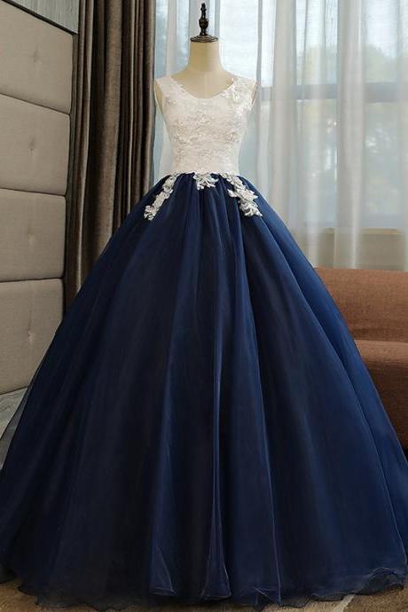 Beautiful Navy Blue Ball Gown Sweet 16 Dress with White Top, Long Formal Dress