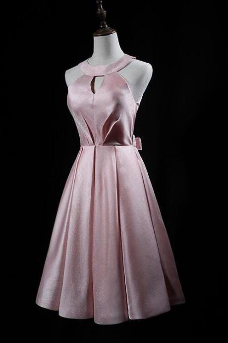 Pink Satin Knee Length Simple Bridesmaid Dress, Halter Short Prom Dress