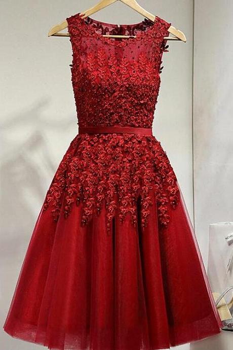 Beautiful Short Wine Red Beaded Homecoming Dress, Round Neckline Short Prom Dress
