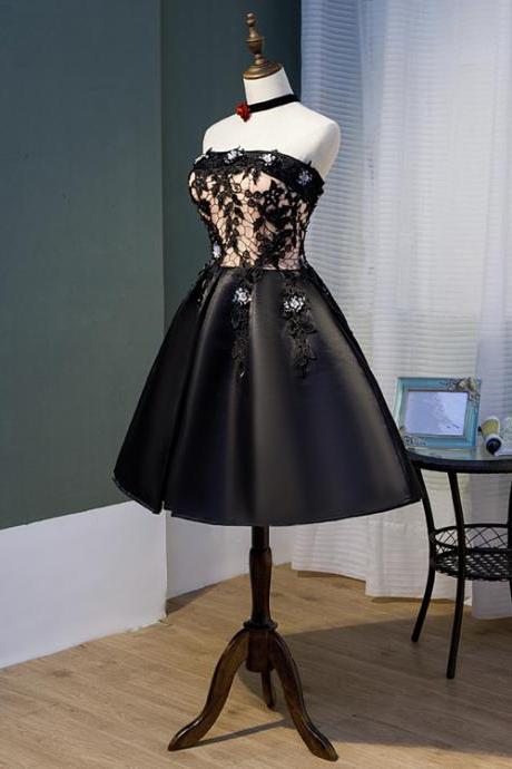 High Quality Black Satin Knee Length Homecoming Dress, Fashionable Black Prom Dress