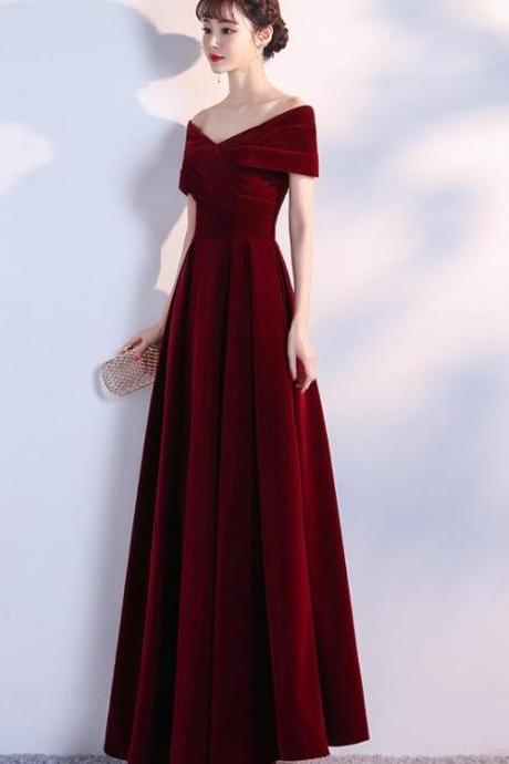 Elegant Burgundy Floor Length Lace-up Velvet Party Dress, Wine Red Bridesmaid Dress