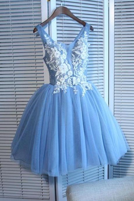 Cute Blue Lace Applique Knee Length Homecoming Dress, Short Prom Dress 