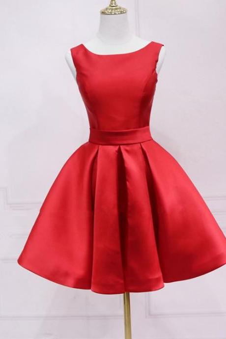 Cute Red Satin Knee Length Party Dress, Red Homecoming Dress