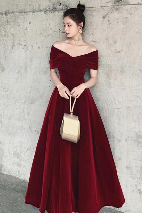 Charming A-line Floor Length Wine Red Velvet Party Dress, Long Prom Dress