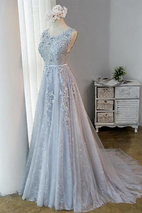 Beautiful Grey Long Tulle With Lace Bridesmaid Dress, Light Grey Prom Dress