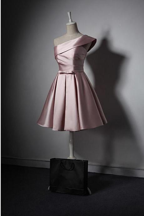 Lovely Simple One Shoulder Pink Bridesmaid Dress, Pink Satin Homecoming Dress