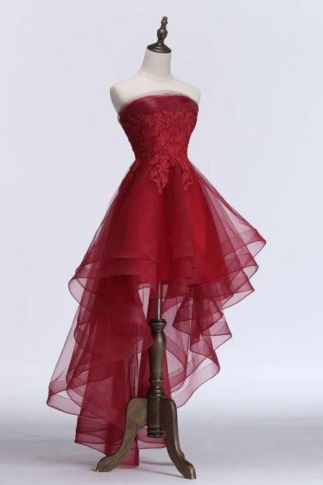 Chic High Low Wine Red Layers Homecoming Dress, Wine Red Short Prom Dress