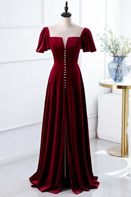 Elegant Wine Red Long Party Dress, A-line Velvet Bridesmaid Dress