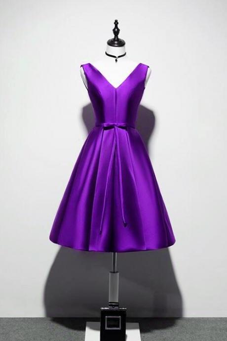 Purple Satin Cute Knee Length Party Dress, Short V-neckline Formal Dress 2021