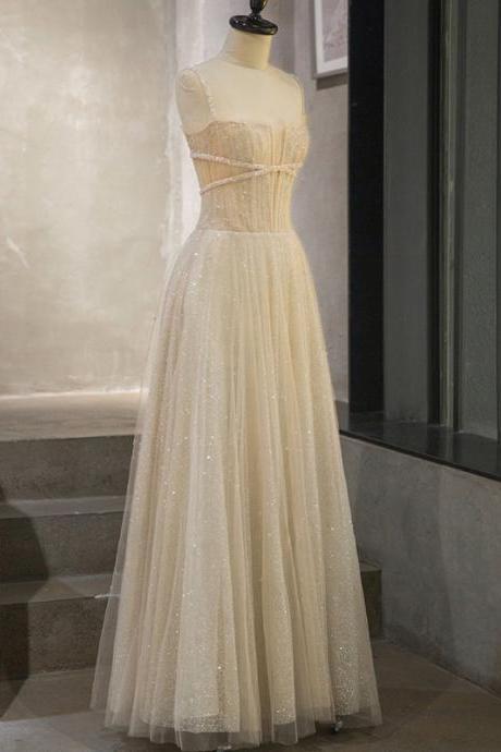 Beautiful Light Champagne Tulle Long Beaded Prom Dress, Elegant Formal Gown