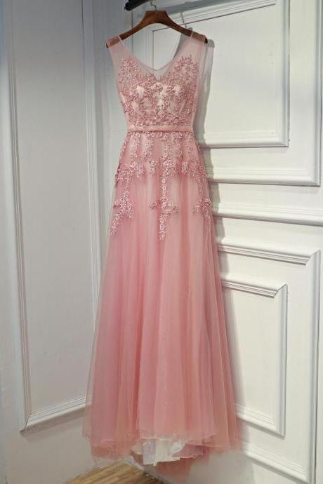 Pink Long Tulle V-neckline Party Dress, Fashionable Pink Prom Dress