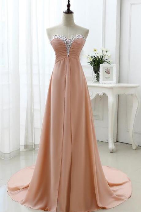 Beautiful Pink Beaded Sweetheart Chiffon Long Formal Dress, Pink Junior Prom Dress