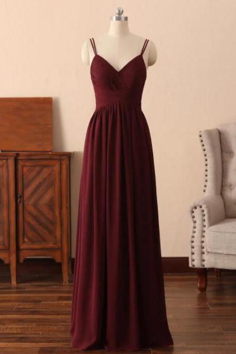 Wine Red Chiffon Straps Long V-neckline Prom Dress, Simple Dark Red Bridesmaid Dress