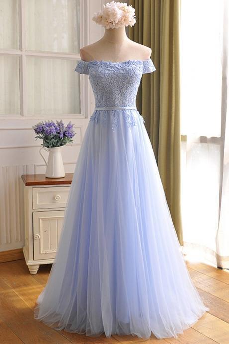 Charming Light Blue Tulle Wedding Party Dress, Long Bridesmaid Dress